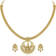 [Aheli] Cubic Zirconia Studded Pendant Style Necklace & Drop Earrings Set Ethnic Fashion Jewellery for Women, One Size, Brass, No Gemstone