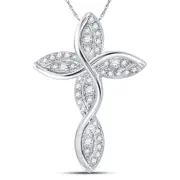 14k White Gold Round Diamond Contoured Wavy Cross Pendant 1/6 Cttw
