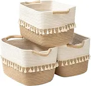 [CYUNER] Woven Storage Bin Set of 3 Cotton Rope Basket for Storage Clothes Boho Storage Basket Bin for Organizing and Storage Fabric Storage Basket for Books Plants Pet Treats (White & Jute)