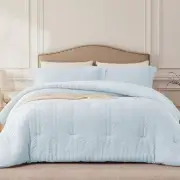 SkyBlue California King Comforter Set - 3 Pieces Seersucker Lightweight