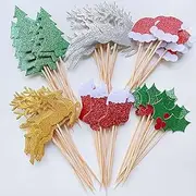 60Pcs Christmas Cupcake Toppers Glitter Cake Decorations Toothpick Flags Santa Claus Tree Fruit Hats Socks Christmas Fawn Theme Party Cake Toppers Picks for Christmas Cake Decoration Supplies
