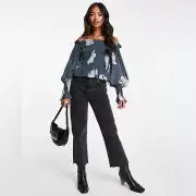 NWT AllSaints Lara Cordelia Off Shoulder Top Size 0 Smoke Grey Floral Blouse