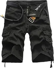 [PHJTOMK] Mens Buckle Zipper Twill Cargo Shorts Loose Fit Outdoor Camouflage Short Casual Multi Pockets Shorts, Black 1-2, 36