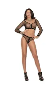 sexy ELEGANT MOMENTS fishnet ZIPPER front LONG sleeve CROP cami TOP panty SET