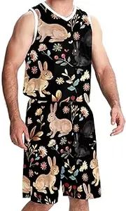 [FNETJXF] Basketball Jersey and Shorts, Jerseys for Men, Men's Athletic Basketball Jersey, Easter Colored Bunnies Flower