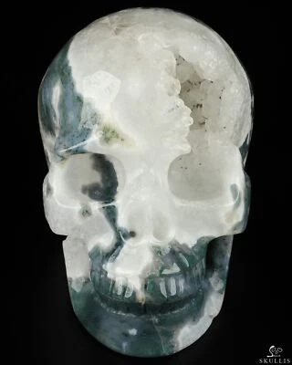 GEODE 5.0" Green Moss Agate Carved Crystal Skull, Realistic, Crystal Healing