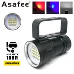 ASAFEE 20000LM強力超亮潛水手電筒XHP90LED探照燈攝像燈XM-L2 LED水下100M防水燈白红紫光