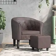 Tub Chair with Footstool Brown Faux Leather, Padded Single Sofa Chairs for Living Room, Lounge Spaces - Small Recliner, Modern Seat