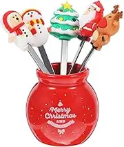 5 Pcs Christmas Fruit Fork with Ceramic Jar Holder Mini Stainless Steel Salad Fork Cartoon Santa Claus Xmas Tree Fruit Picks Cake Dessert Food Picks