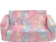 Folding Toddler Chair, 2 Seat Flip Open Memory Foam Sofa, Super Soft Lounger with Removable Cleaning Night Light Velvet Cover, for Kids, Sleeper for Girls Boys (Pinkish)