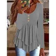 Women's Blouse Solid Color Stylish Casual Long Sleeve Crew Neck Regular Tops Daily Ruffle Buttons Black White Light Green Sky Blue Orange Summer Spring Fall