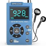 Greadio Portable AM FM Radio with MP3 Player, Best Reception Pocket Radio, Large LCD Screen and Easy to Use, 6 EQ Stereo Earphone Jack Walkman Radio, for Jogging, Walking, Camping AM FM Radio (Blue)