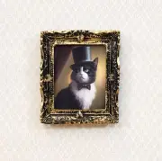 Miniature Tuxedo Cat Framed Print with Top Hat Bow Tie 1:12 Scale Picture