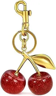 [TRBSXRT] Cherry Bag Charm - Purse Luxury Cherry Keychain Sparkling Resin & Metal Accessory with Key Ring and Clip, Red