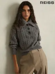 Reiss Charcoal Etta Cropped Cable-Knit Jumper With Mohair (AD9440) | $295