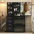 Black Dressing Table with LED Lights Mirror Makeup Desk Vanity Table Set Stool