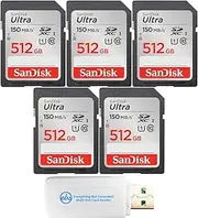 SanDisk SD Card Pack of 5 SDXC UHS-I 512GB Class 10 Memory Cards for Full HD Photo and Videos SDSDUNC-512G-GN6IN - Bundle with (1) Everything But Stromboli MicroSDXC & SD Card Reader