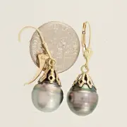 14k Yellow Gold Leverback Cap Black Green Baroque Tahitian Pearl Dangle Earrings