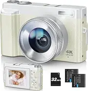 4K Digital Camera 48MP Vlogging Camera, Compact Cameras for Photography, Digital Cameras with 32GB Card, White