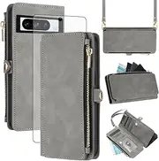 [Asuwish] Mobile Phone Case for Google Pixel 8 Pro Case with Strap and Film Screen Protector RFID Card Slot Foldable Leather Flowers Wallet Stand Pixel8Pro 8Pro 5G Cover Mobile Phone Cases Protective