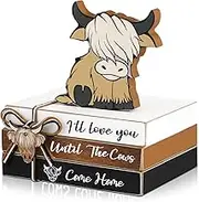 4 Pieces Highland Cow Tiered Tray Decor Mini Wood Book Stacks Decorations Rustic Farmhouse Wooden Sign for Home Room Mantle Fireplace Shelf