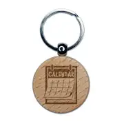 Calendar Day Planner Engraved Wood Round Keychain Tag Charm