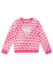 GUESS Girl's Pink Heart Long Sleeve Active Top in Red Size: 5, Cotton