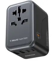 Momax 1-World 70W GaN Universal Travel UK EU AU US Multi Plug Adapter - Black