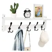 Wall Shelf with Hooks, 24 Inch Coat Rack with Shelf, Farmhouse Entryway White