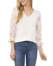 CeCe V Neck Mixed Media Top