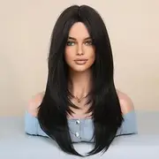 Long Wig Human Hair with Bangs and Wig Cap Gluel Straight Curly Natural Layered Synthetic Wigs 25 Inch Brown 25 inch