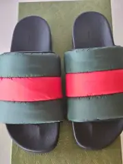 Gucci Padded Nylon Web Slide Sandal Women Green Red Eur 39/ US 9