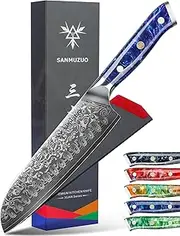 SANMUZUO Santoku Knife - 7 inch - Xuan Series - VG10 Damascus Steel Kitchen Knife - Resin Handle (Sapphire Blue)