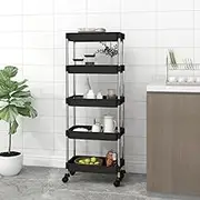 5-Tier Kitchen Trolley, Black, 42x29x128 cm, Iron & ABS, Mobile Wheels, Utility Cart for Storage & Organization