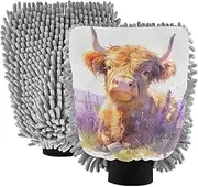 Lovely Brown Scottish Highland Cattle with Lavender Car Wash Mitt Scratch Free Car Washing Glove Car Washing Sponges