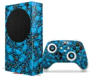 Skin Wrap for XBOX Series S Console Controller Scattered Skulls Neon Blue