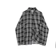 Spaghetti Strap Plain Slit Mini Dress / Button-Up Plaid Shirt Shirt - Plaid - Black & White - L
