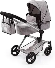 Bayer Design 18410AA Stroller, Doll Combi Pram Neo Vario with Changing Bag and Underneath Shopping Basket, Foldable, Swivel Front Wheels, Grey with Crown
