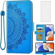 [Asuwish] Phone Case for Samsung Galaxy A14/M14 5G Wallet Cover Tempered Glass Screen Protector Credit Card Holder Flip Purse Wrist Strap Stand Folio Cell Accessories A 14 4G 14A 14M G5 Women Men Blue