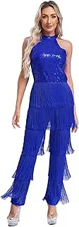 [Rswnyirn] Women Sparkly Sequins Fringed Leotard Jumpsuits Latin Jazz Modern Contemporary Dance Costume