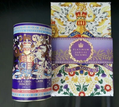 ROYAL COLLECTION TRUST QUEEN'S PLATINUM JUBILEE TEA TOWEL & BISCUIT TIN sealed