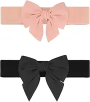 [Elerevyo] Women's 2Pcs Elastic Wide Belt Dress Bowknot Waistband Decoration Fashion Versatile Belts Black+Pink 70x5.8cm/27.6x2.3"