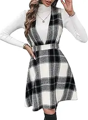 [Floerns] Women's Plaid Adjustable Straps Asymmetrical Hem A Line Overall Pinafore Dress
