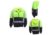 HI VIS Reflective Tape Fleece-lined Jacket FullZip Safety Hoodie Workwear Jumper - Fluro Yellow / Navy