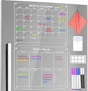 Acrylic Magnetic Dry Erase Board and Calendar for Fridge,43 * 30cm Clear Acrylic Magnetic Dry Erase Planning Board of Monthly Calendar for Refrigerator with 6 Colored Markers and a Towel