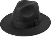 [DRESHOW] Wide Brim Sun Hat Fedora for Women Belt Buckle Retro Panama Floppy Hat, Black (Wide Belt), One size