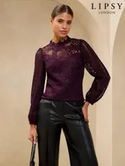 Lipsy Plum Lace High Neck Blouson Blouse (AK3537) | $80