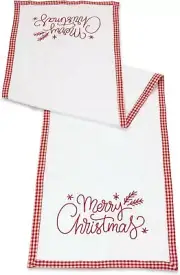 59" Red and White Checkered Merry Christmas Embroidered Cotton Table Runner
