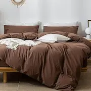 [MOOMEE] Bedding Duvet Cover Set 100 Percent Washed Cotton Linen Like Textured Breathable Durable Soft Comfy (Cocoa Brown, Queen)