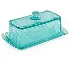 Pioneer Woman Adeline Turquoise Butter Dish Embossed Pressed Glass Kitchen NEW